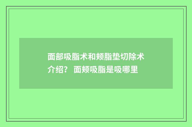 面部吸脂术和颊脂垫切除术介绍？ 面颊吸脂是吸哪里